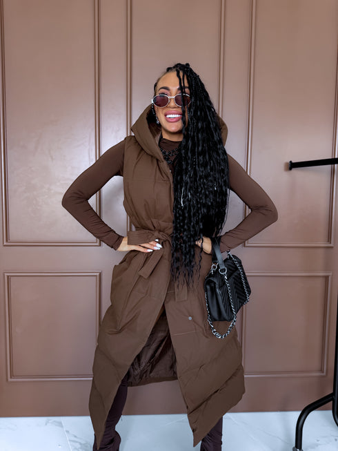 Long, chocolate brown vest with tie belt